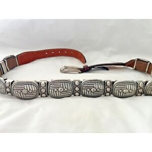 BRIGHTON USA VTG Silver Concho Belt Medium Boho Western Brown Leather Festival